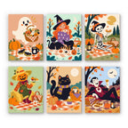Halloween Picnic Party mini paint by numbers set: six autumn picnics on checkered blankets with a ghost, witch, skeleton, scarecrow, black cat and vampire