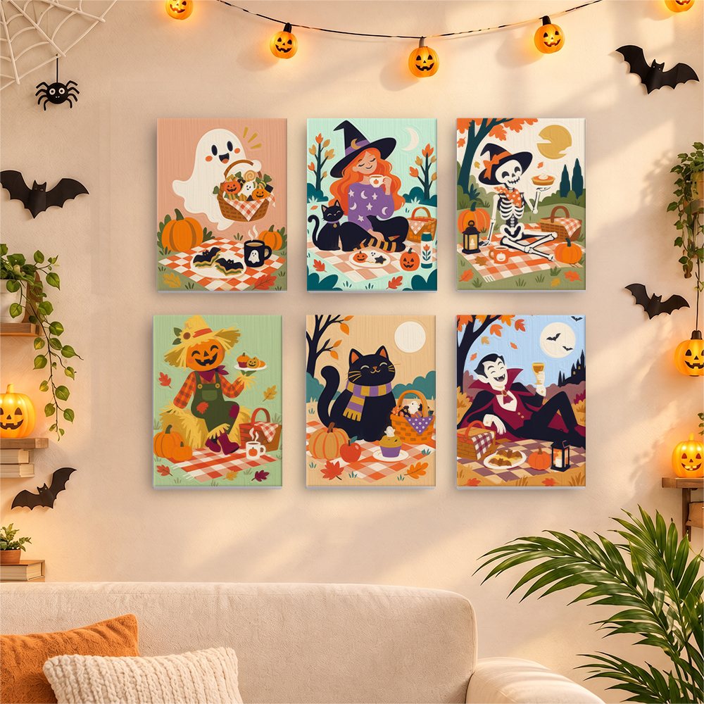 Six finished Halloween Picnic Party mini paintings hung on a wall above a table