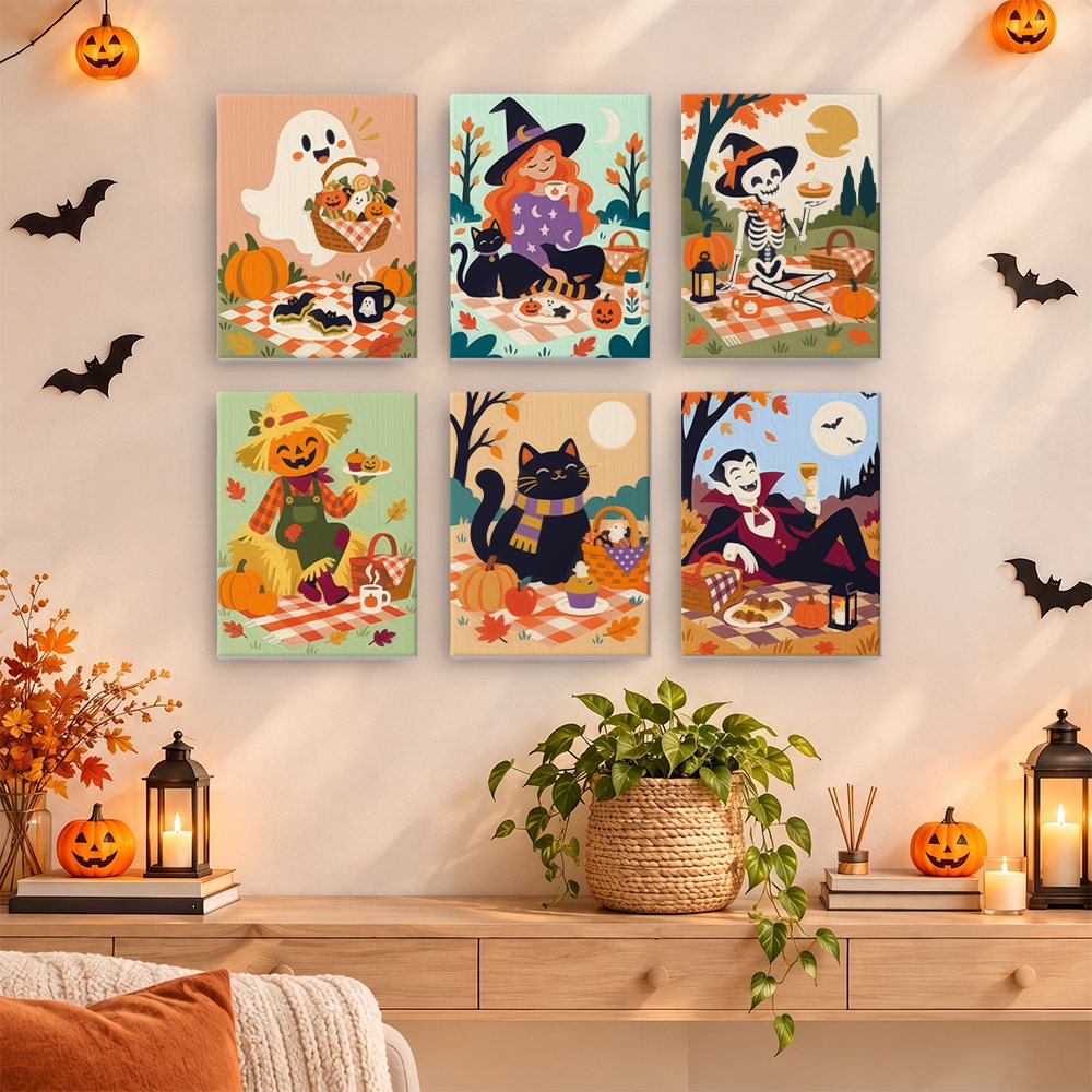 Halloween Picnic Party mini paintings displayed as a gallery wall in a sunny kitchen