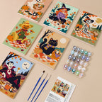 Halloween Picnic Party mini paint by numbers kit with six numbered canvases, acrylic paints, brushes and layout