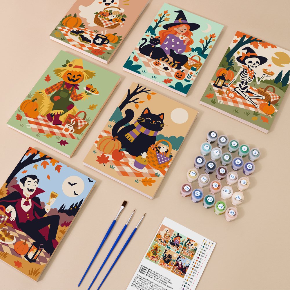 Halloween Picnic Party mini paint by numbers kit with six numbered canvases, acrylic paints, brushes and layout
