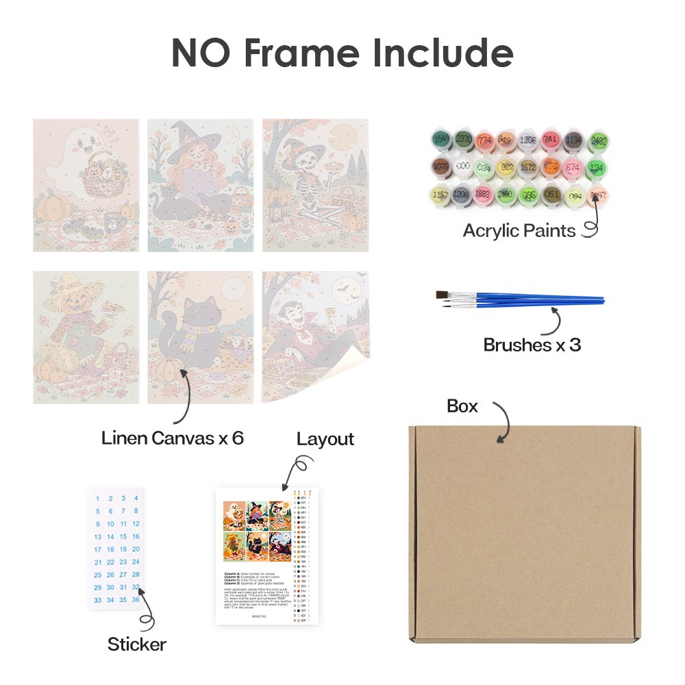 What's included without a frame: six rolled Halloween Picnic Party mini canvases, acrylic paints, three brushes and layout