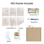 What's included without a frame: six rolled Halloween Picnic Party mini canvases, acrylic paints, three brushes and layout