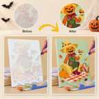 Before and after of a Halloween Picnic Party mini paint by numbers canvas
