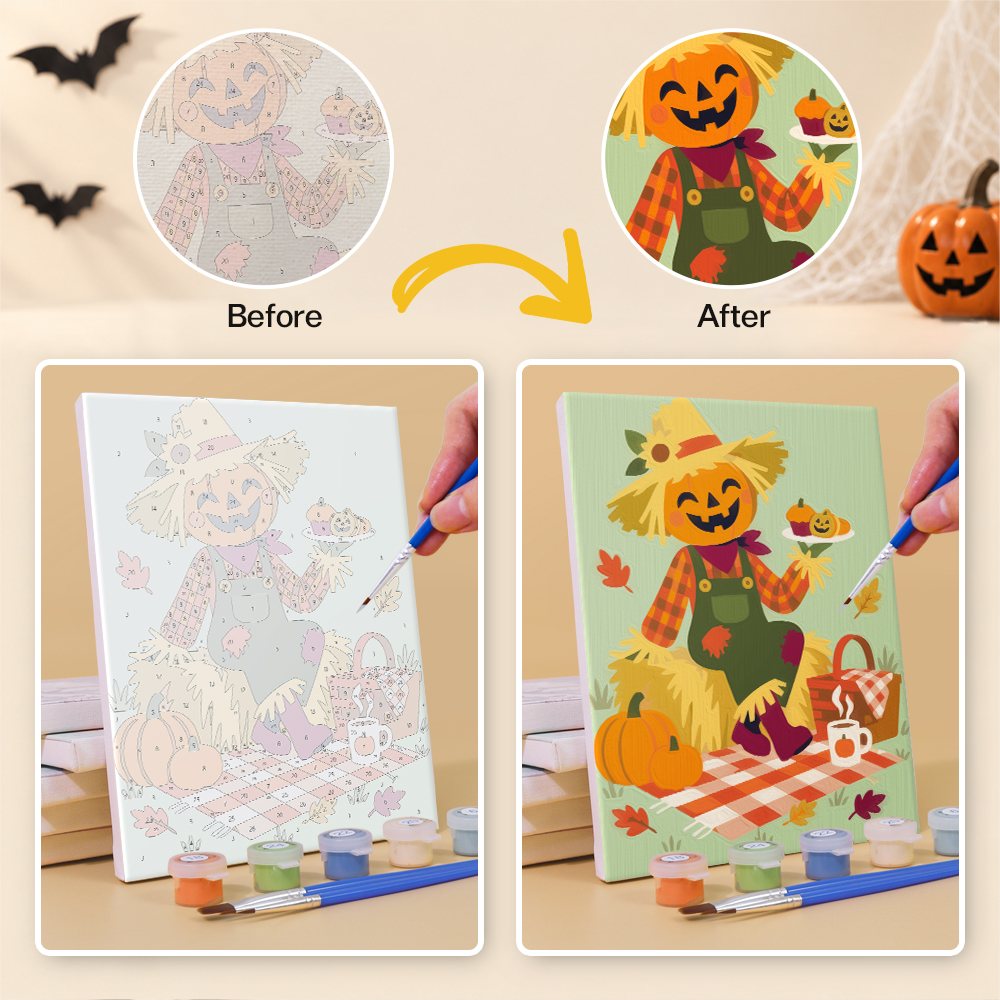 Before and after of a Halloween Picnic Party mini paint by numbers canvas