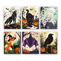 Halloween Woodland Creatures mini paint by numbers set: six moody woodland animals including a howling wolf, black cat, snowy owl, fox witch, bat and crow