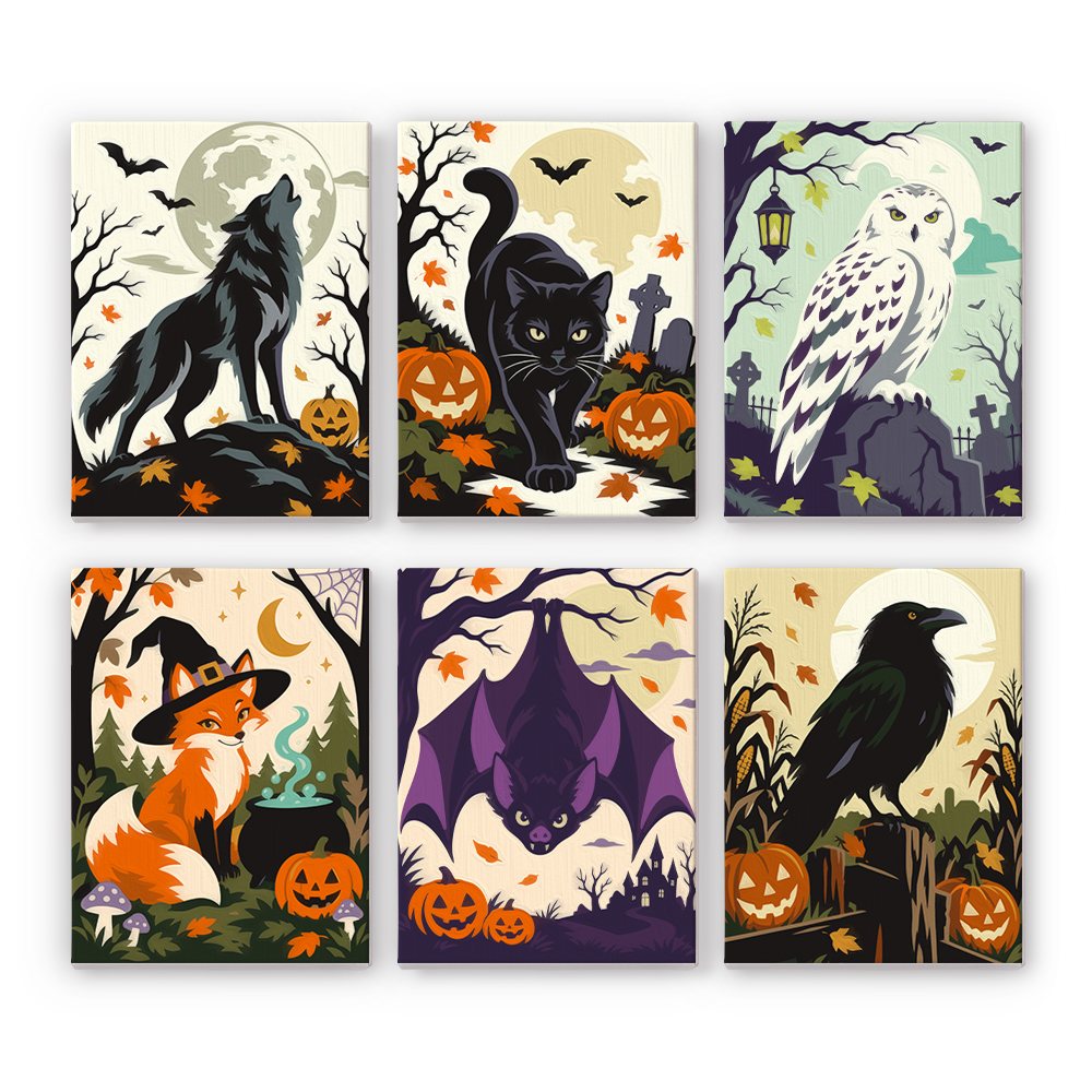 Halloween Woodland Creatures mini paint by numbers set: six moody woodland animals including a howling wolf, black cat, snowy owl, fox witch, bat and crow