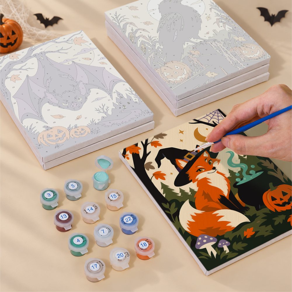 Halloween Woodland Creatures mini canvas shown rolled without a frame and pre-stretched on a frame