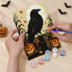 Numbered paint pots and brushes on a pre-stretched Halloween Woodland Creatures mini canvas