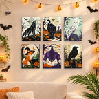 Before and after of a Halloween Woodland Creatures mini paint by numbers canvas