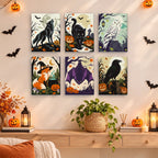 Painting a Halloween Woodland Creatures mini canvas propped up beside numbered acrylic paints