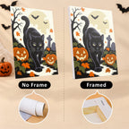 Six finished Halloween Woodland Creatures mini paintings hung on a wall above a table