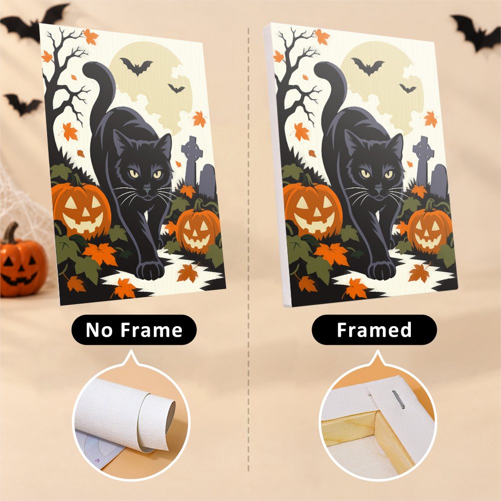 Six finished Halloween Woodland Creatures mini paintings hung on a wall above a table