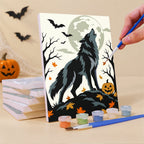 What's included pre-stretched on frame: six framed Halloween Woodland Creatures mini canvases, paints, three brushes, hangers and layout