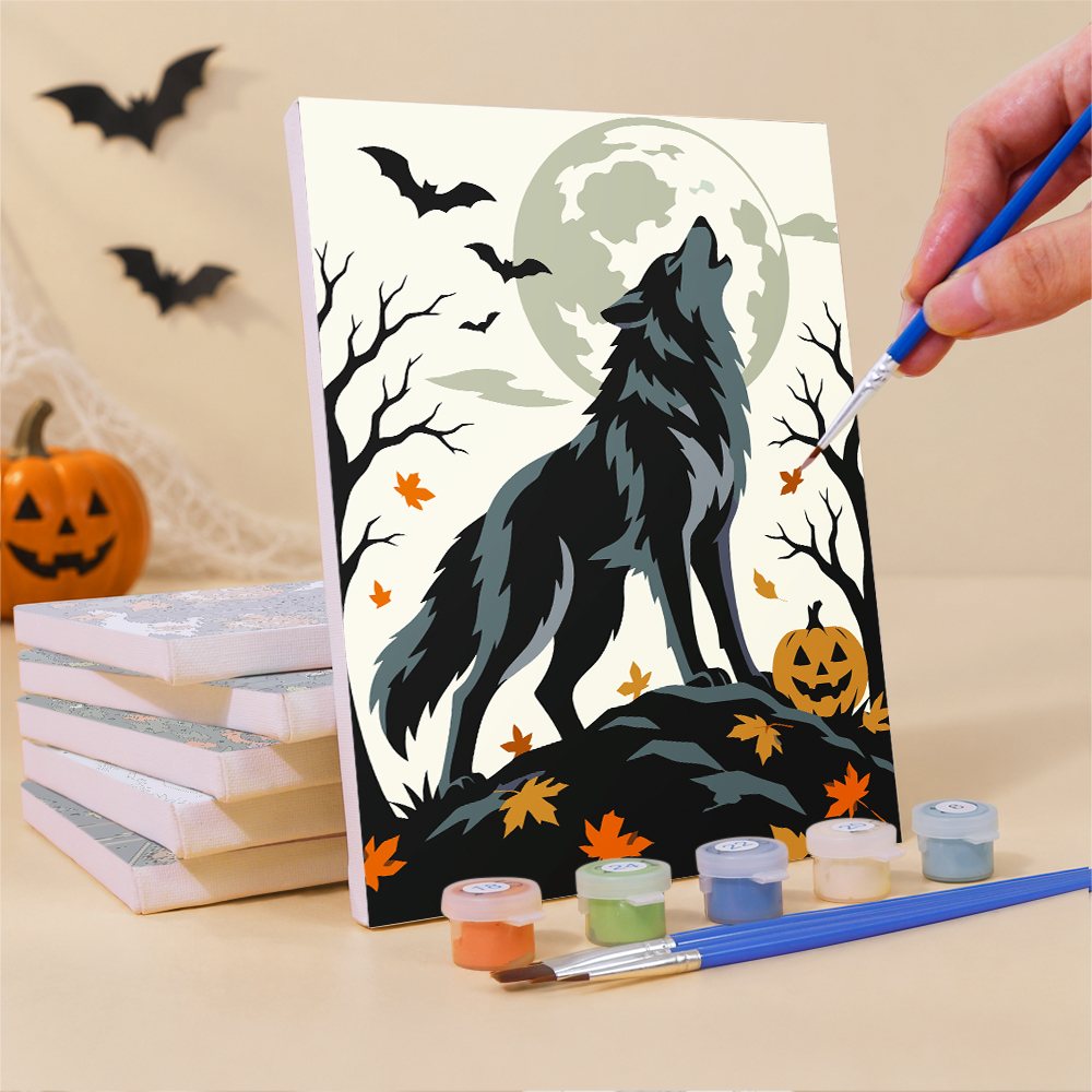 What's included pre-stretched on frame: six framed Halloween Woodland Creatures mini canvases, paints, three brushes, hangers and layout