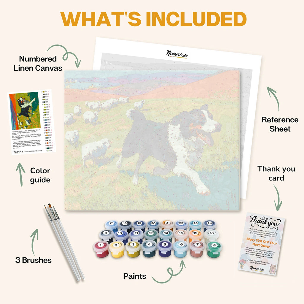 What's included in the Happy Herding Dog paint by numbers kit: numbered linen canvas, reference sheet, color guide, 24 acrylic paints, 3 brushes and thank you card