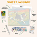 What's included in the Happy Herding Dog paint by numbers kit: numbered linen canvas, reference sheet, color guide, 24 acrylic paints, 3 brushes and thank you card