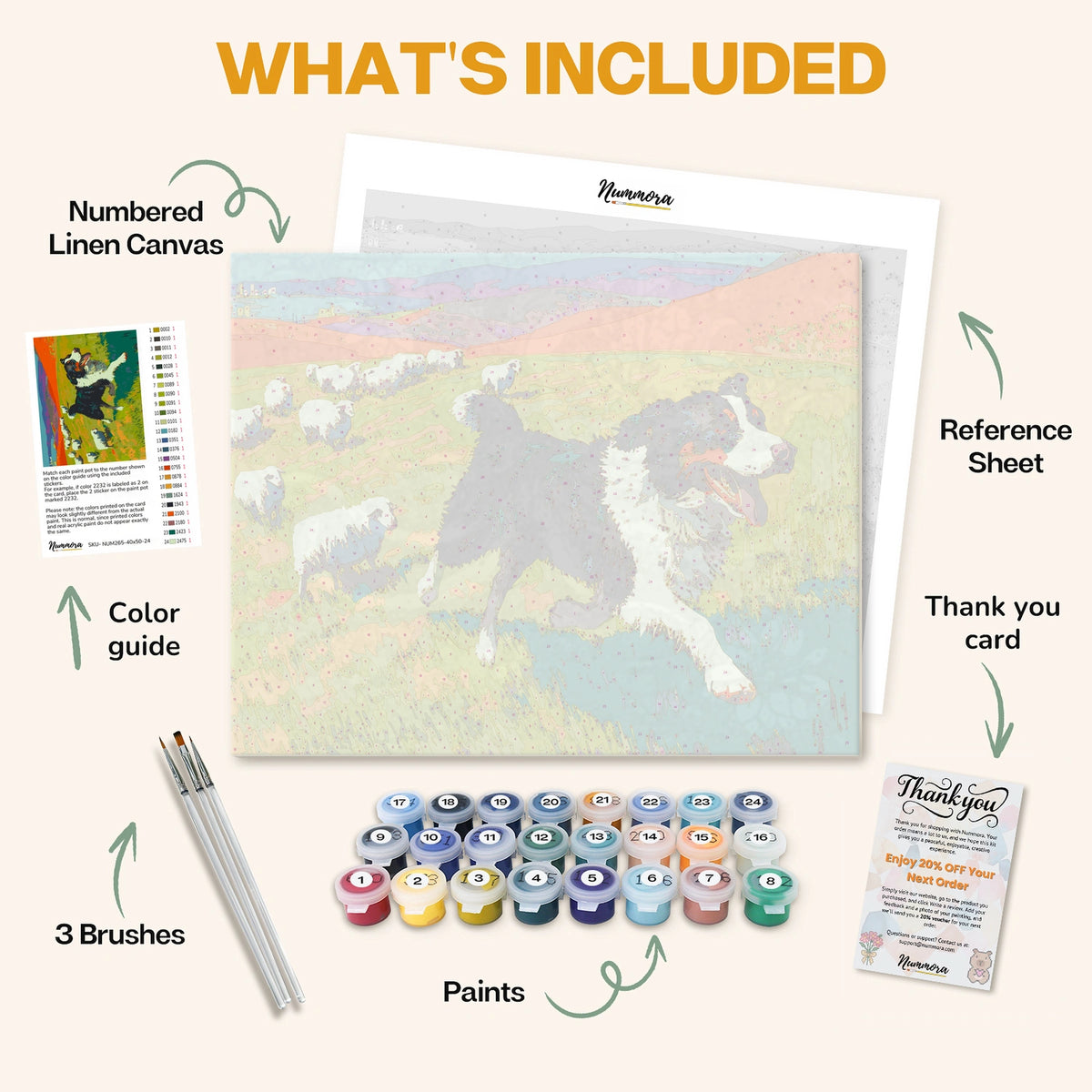 What's included in the Happy Herding Dog paint by numbers kit: numbered linen canvas, reference sheet, color guide, 24 acrylic paints, 3 brushes and thank you card