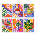 Happy Hues mini paint by numbers set: six bold groovy designs of suns, cherries, a daisy mug, tulips and leaves