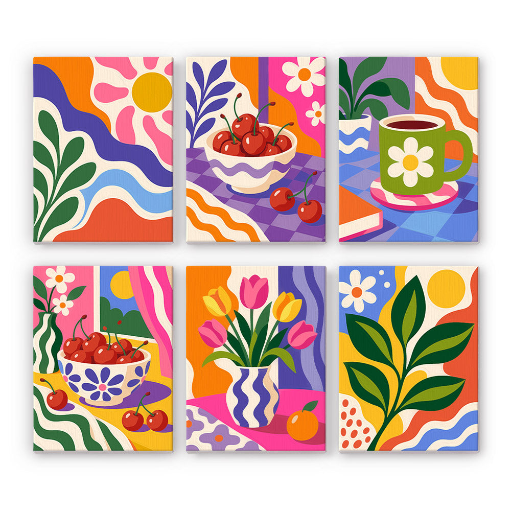 Happy Hues mini paint by numbers set: six bold groovy designs of suns, cherries, a daisy mug, tulips and leaves