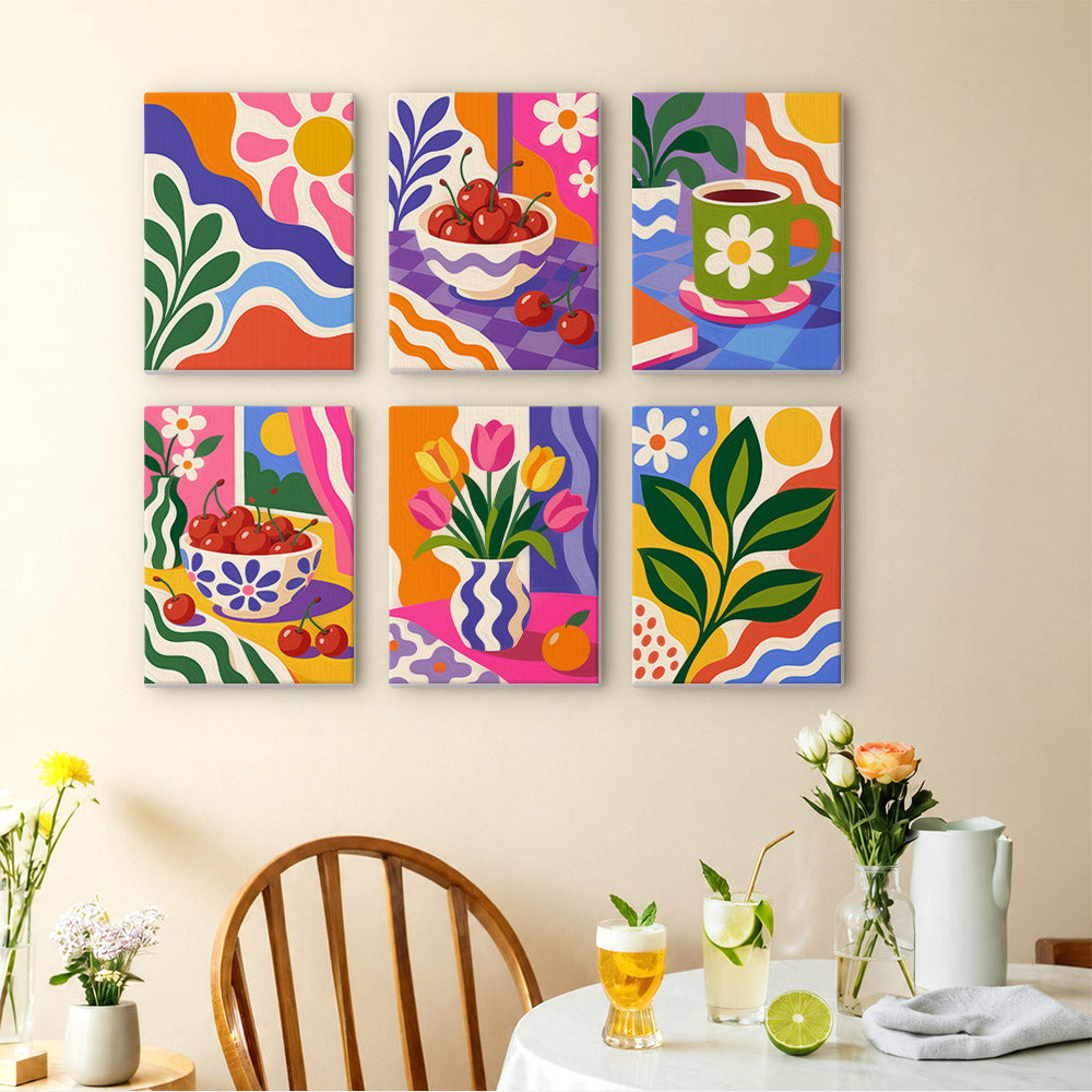Happy Hues mini paintings displayed as a gallery wall in a sunny kitchen