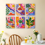 Happy Hues mini paintings displayed as a gallery wall in a sunny kitchen