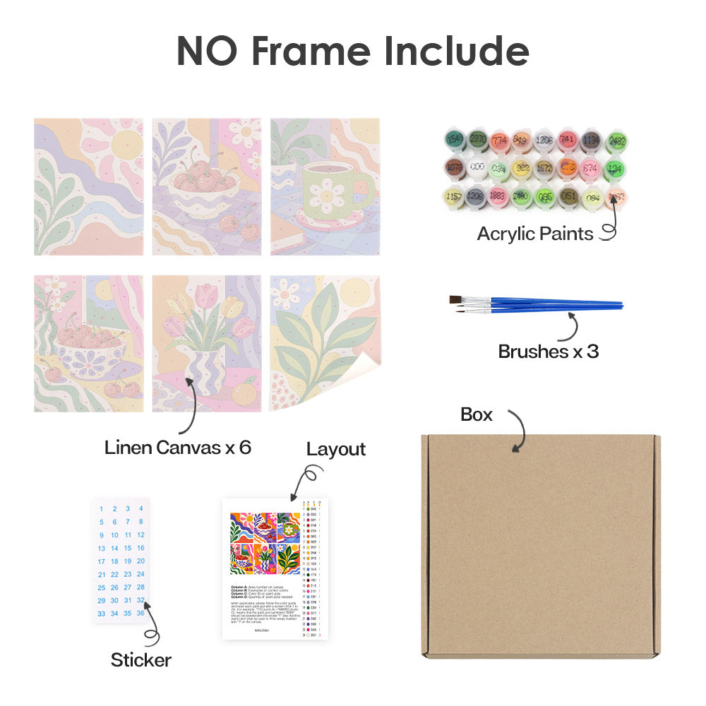What's included without a frame: six rolled Happy Hues mini canvases, acrylic paints, three brushes and layout