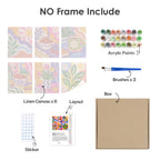 What's included without a frame: six rolled Happy Hues mini canvases, acrylic paints, three brushes and layout