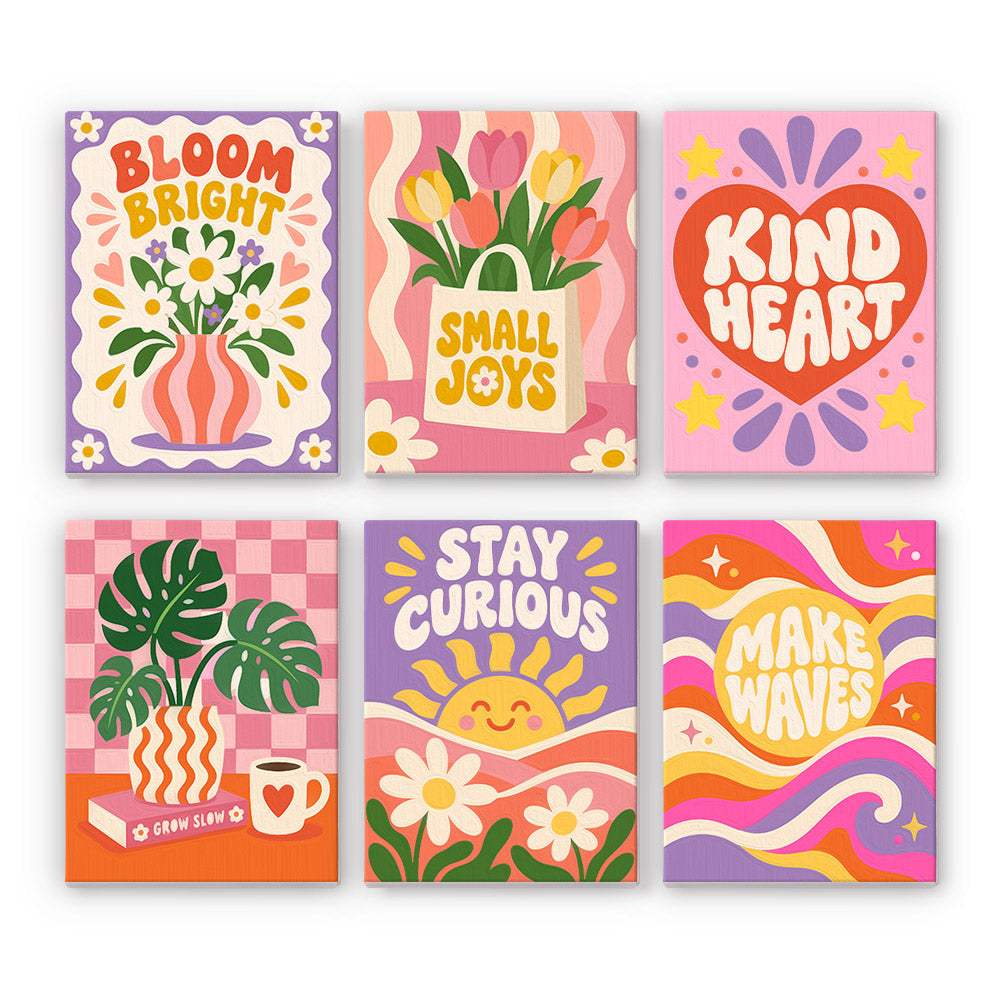 Happy Words mini paint by numbers set: six retro designs with Bloom Bright, Small Joys, Kind Heart, Stay Curious and Make Waves