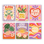 Happy Words mini paint by numbers set: six retro designs with Bloom Bright, Small Joys, Kind Heart, Stay Curious and Make Waves