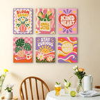Happy Words mini paintings displayed as a gallery wall in a sunny kitchen