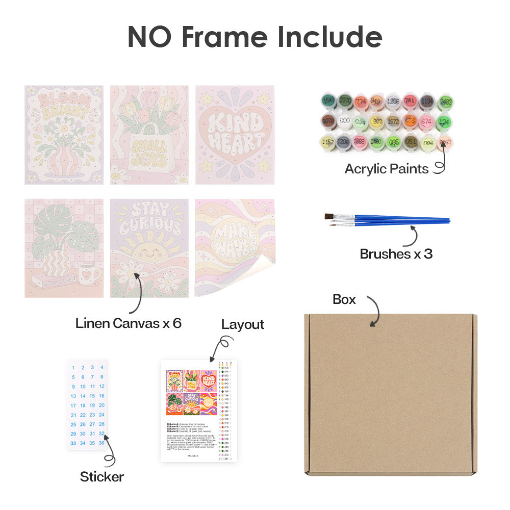 What's included without a frame: six rolled Happy Words mini canvases, acrylic paints, three brushes and layout