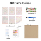 What's included without a frame: six rolled Happy Words mini canvases, acrylic paints, three brushes and layout
