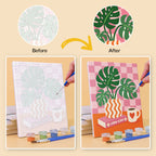 Before and after of a Happy Words mini paint by numbers canvas