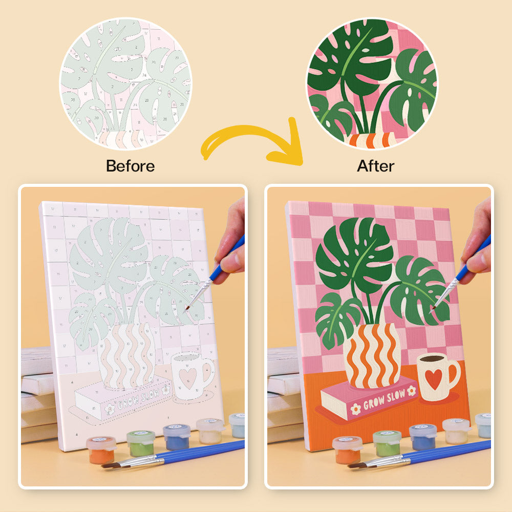Before and after of a Happy Words mini paint by numbers canvas