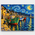Harbor Under Swirling Stars paint by numbers kit of fishing boats in a lantern-lit harbor beneath a swirling starry night sky