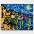 Harbor Under Swirling Stars paint by numbers kit of fishing boats in a lantern-lit harbor beneath a swirling starry night sky