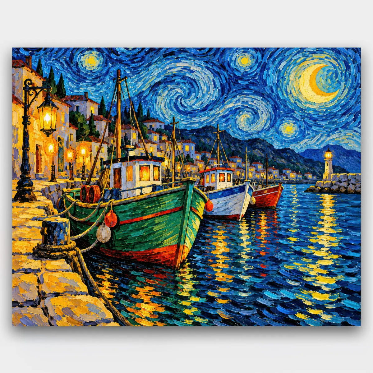 Harbor Under Swirling Stars paint by numbers kit of fishing boats in a lantern-lit harbor beneath a swirling starry night sky