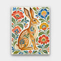 Hare in the Folk Garden paint by numbers kit of a folk-art hare among stylized red, blue and orange flowers on cream