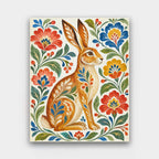 Hare in the Folk Garden paint by numbers kit of a folk-art hare among stylized red, blue and orange flowers on cream
