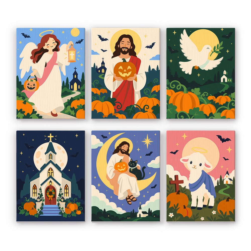 Harvest Blessings mini paint by numbers set: six faith-inspired autumn scenes with an angel, Jesus, a dove, a church and a lamb among pumpkins