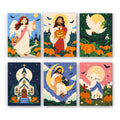 Harvest Blessings mini paint by numbers set: six faith-inspired autumn scenes with an angel, Jesus, a dove, a church and a lamb among pumpkins