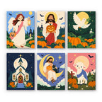 Harvest Blessings mini paint by numbers set: six faith-inspired autumn scenes with an angel, Jesus, a dove, a church and a lamb among pumpkins