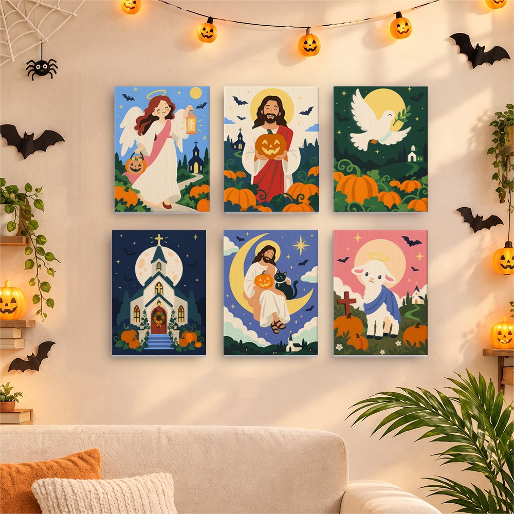 Before and after of a Harvest Blessings mini paint by numbers canvas