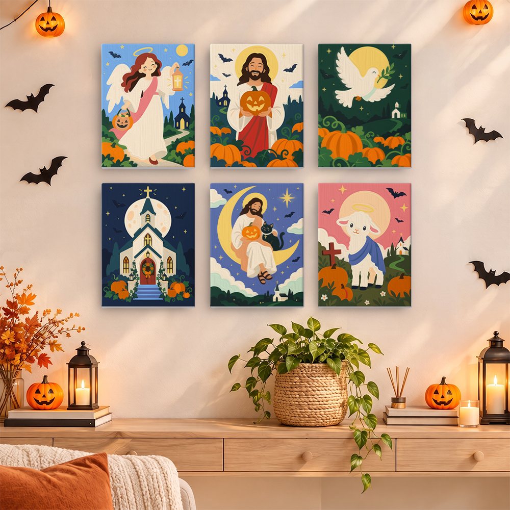 Painting a Harvest Blessings mini canvas propped up beside numbered acrylic paints