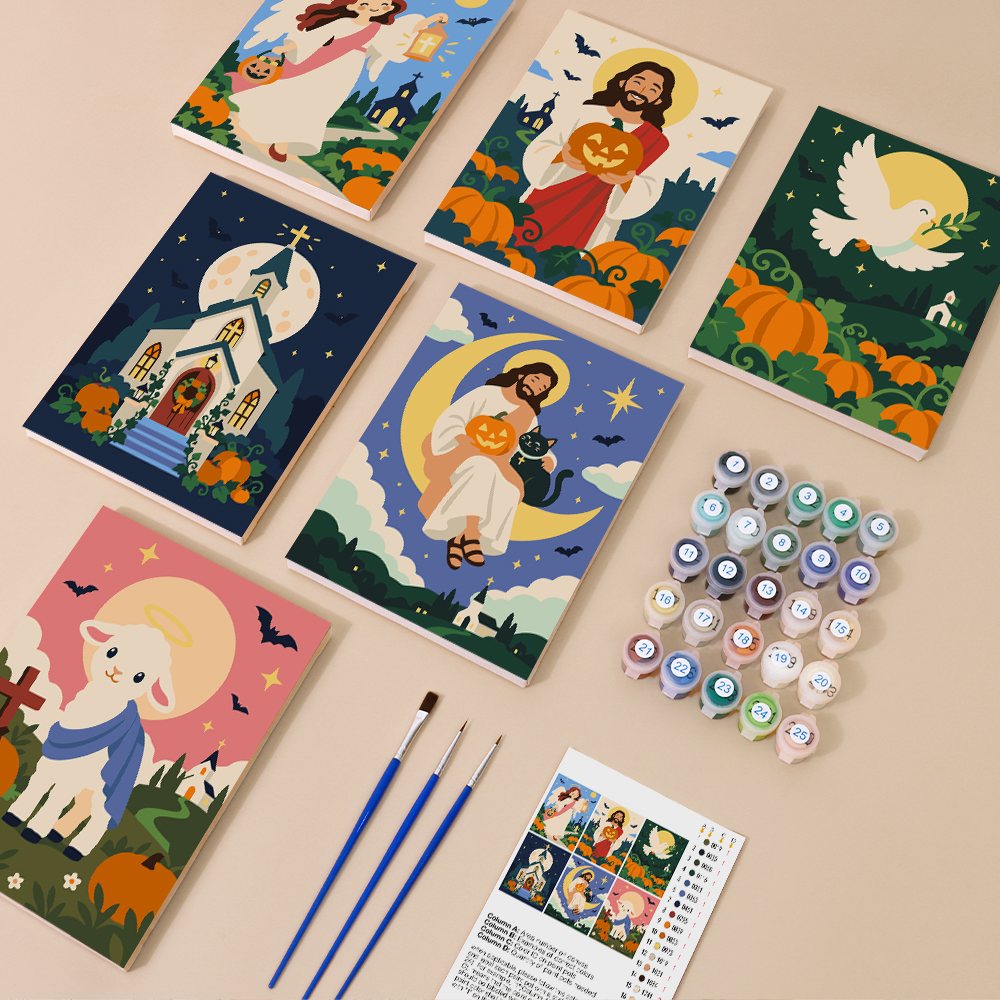 Painting one of the Harvest Blessings designs next to a stack of mini canvases
