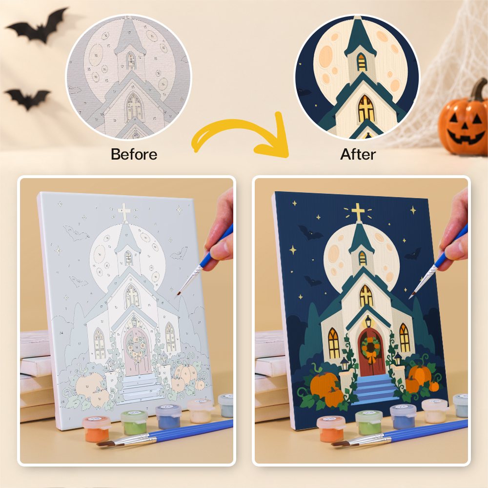 What's included without a frame: six rolled Harvest Blessings mini canvases, acrylic paints, three brushes and layout