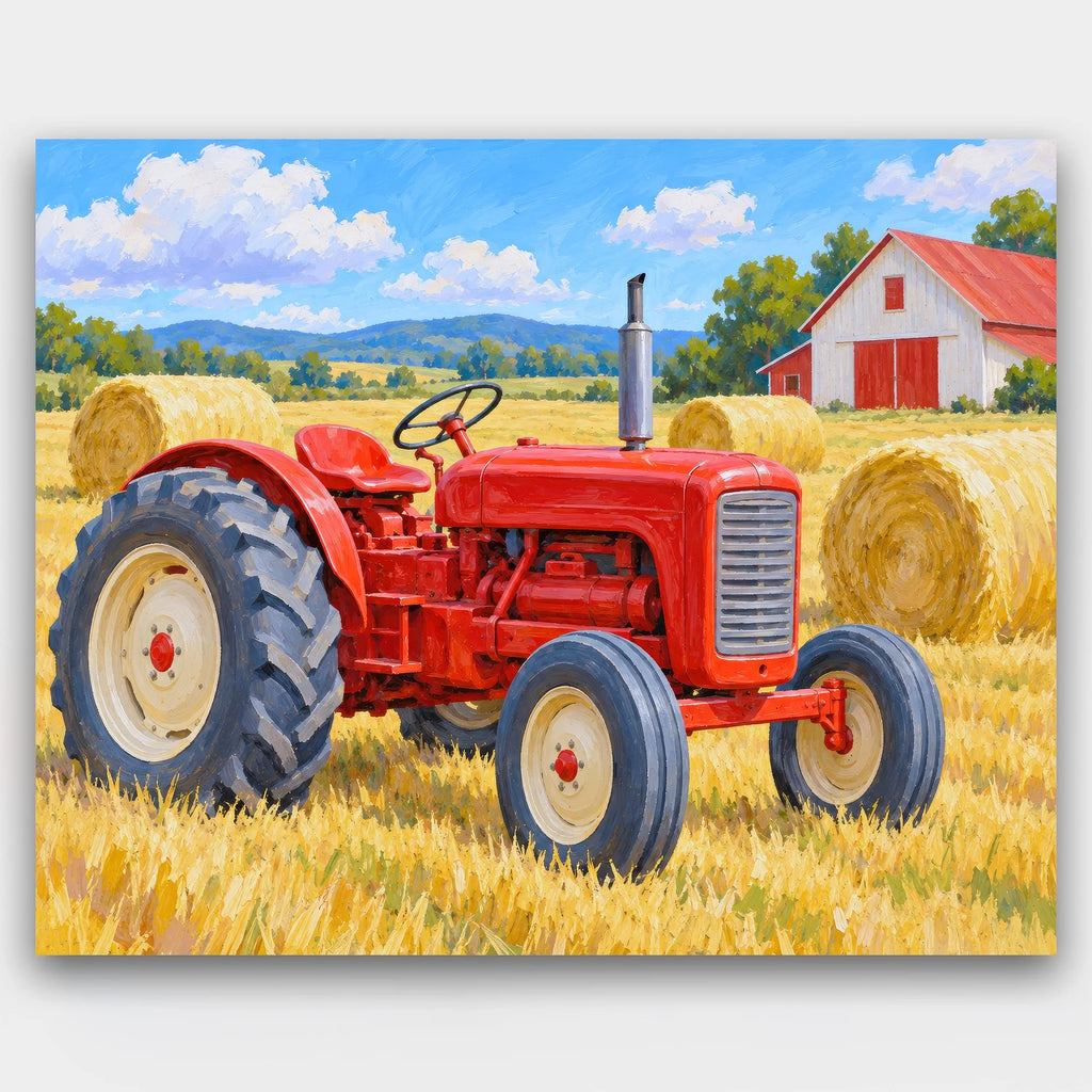 Harvest Field Tractor paint by numbers kit of a red vintage tractor in a golden field with hay bales and a red barn
