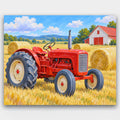 Harvest Field Tractor paint by numbers kit of a red vintage tractor in a golden field with hay bales and a red barn