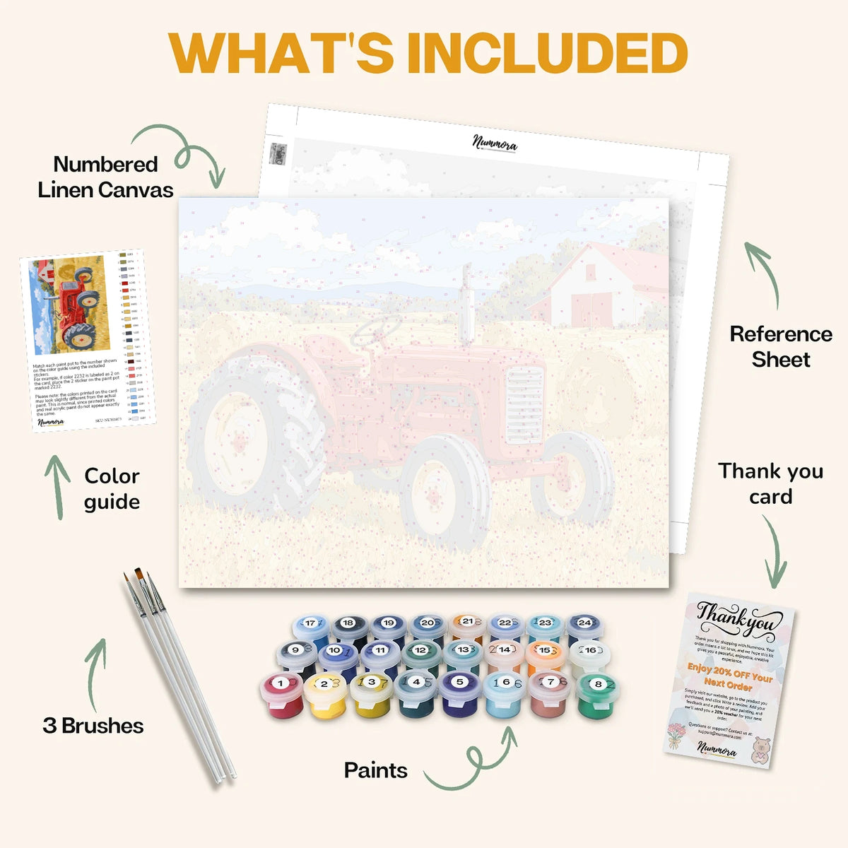 What's included in the Harvest Field Tractor paint by numbers kit: numbered linen canvas, reference sheet, color guide, 24 acrylic paints, 3 brushes and thank you card